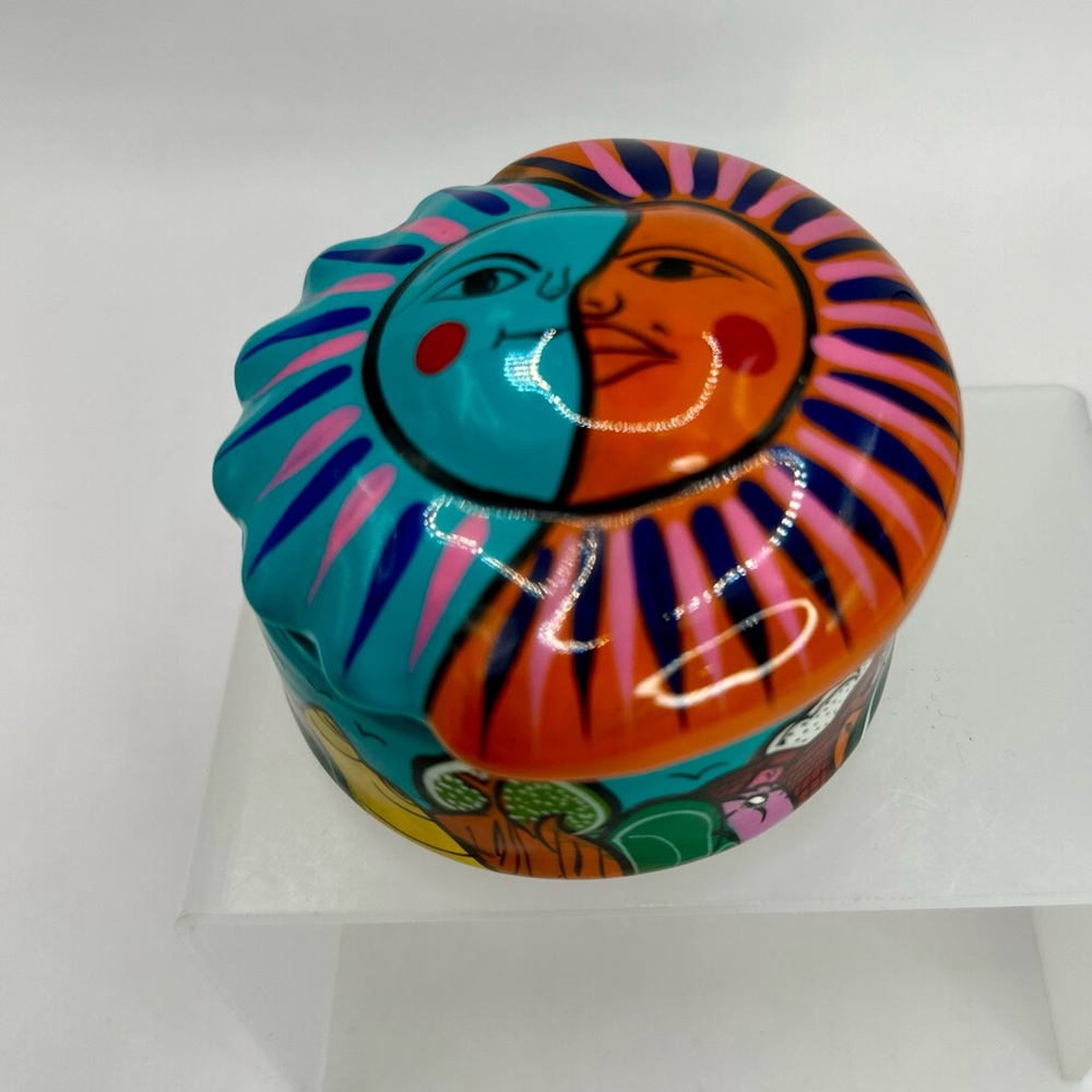 Mexican Talavera Sun Face Trinket Box Pottery Folk Art Green and Orange
